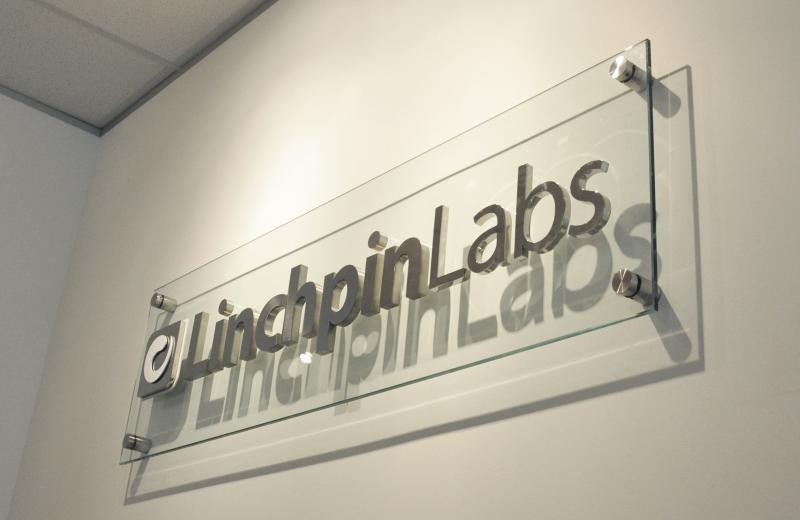 Linchpin- Labs Glass Sign with Stainless Steel Logo